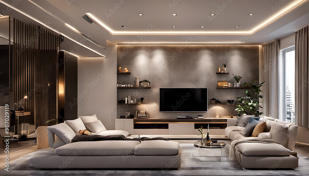 Fototapeta premium Nice Interior design, Modern and comfortable living room. Warm lighting that creates a cozy atmosphere