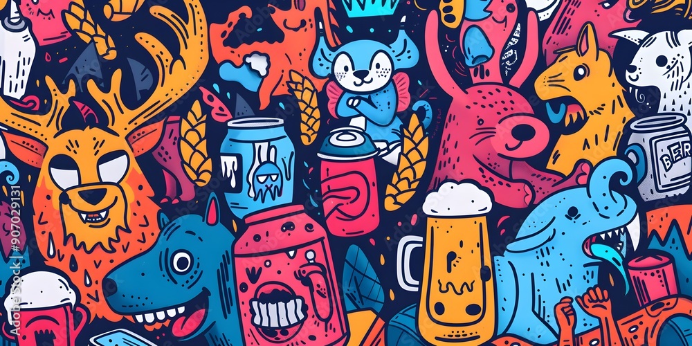 A vibrant, densely packed collage of cartoonish characters and objects in various colors, resembling graffiti art. The image is lively and chaotic, with a playful and energetic vibe. A vibrant, densely packed collage of cartoonish characters and objects in various colors, resembling graffiti art. The image is lively and chaotic, with a playful and energetic vibe.