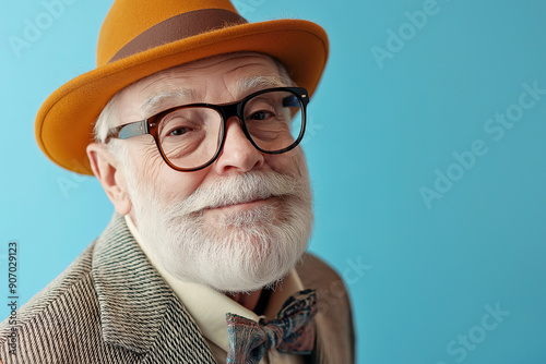 Portrait of stylish grandpa on light blue background