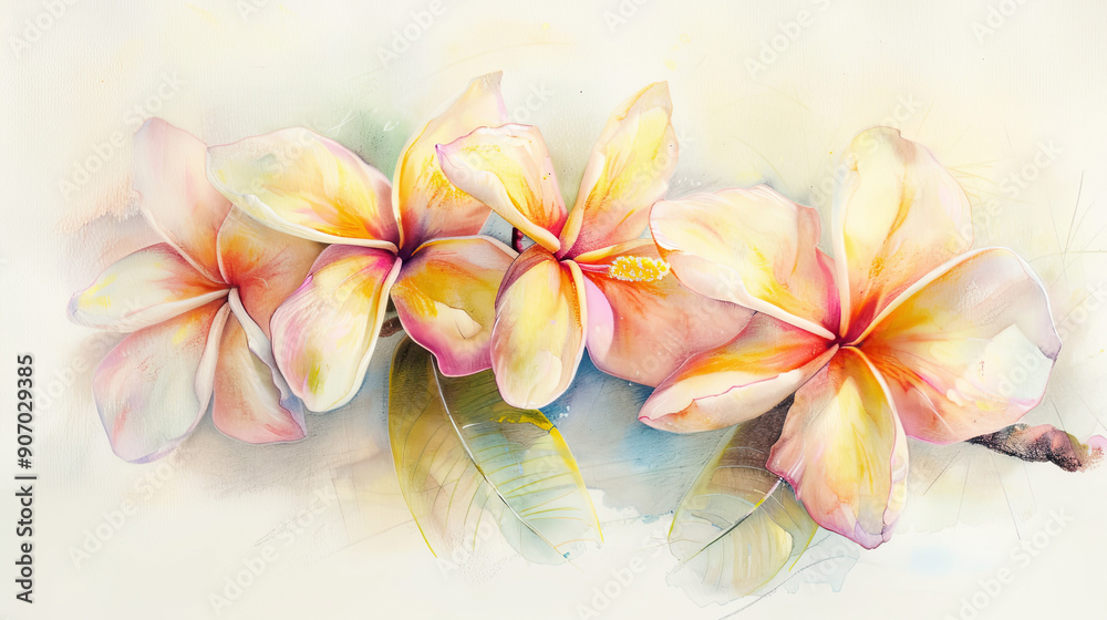 Fototapeta premium Watercolor plumeria using lifting, soft and light pastels creating delicate highlights, light background