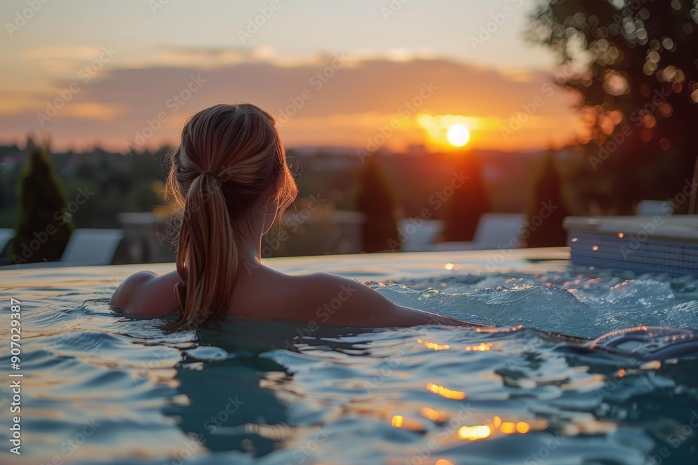 Relaxing in the pool at sunset. AI. Relaxing in the pool at sunset. AI.