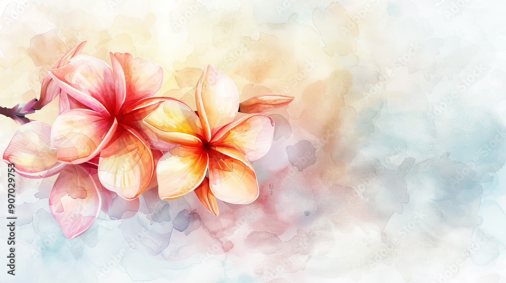 Watercolor plumeria with gradient washes, smooth transitions and delicate colors, light background