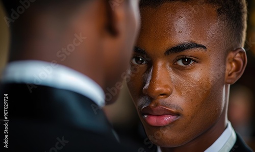 A close-up portrait of a young man looking at the camera. AI.