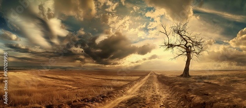 Vast Dry Field with Dirt Road and Lone Tree - Captivating Panoramic Nature Scene
