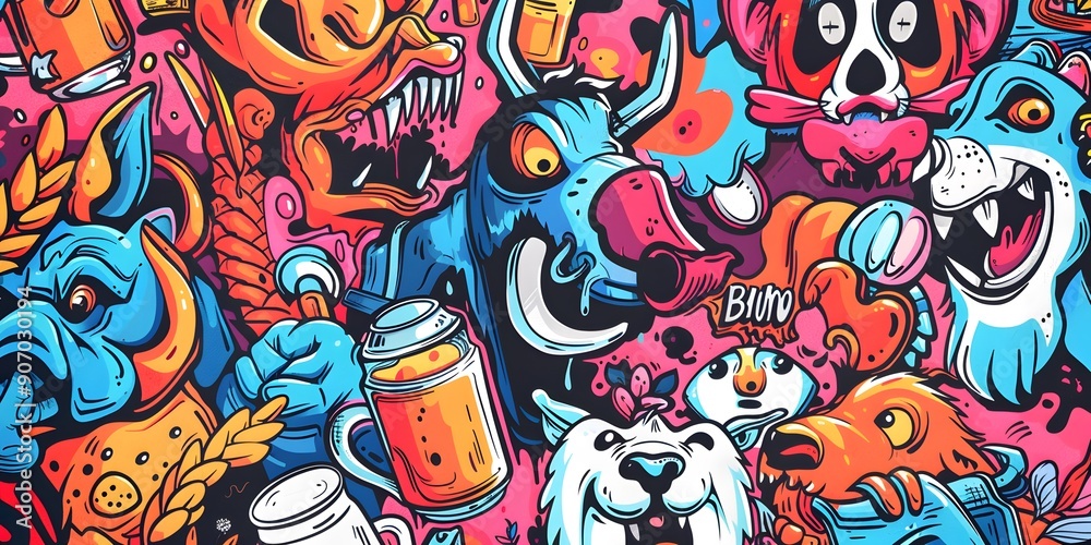 A vibrant, densely packed collage of cartoonish characters and objects in various colors, resembling graffiti art. The image is lively and chaotic, with a playful and energetic vibe.