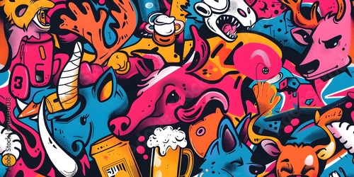 A vibrant, densely packed collage of cartoonish characters and objects in various colors, resembling graffiti art. The image is lively and chaotic, with a playful and energetic vibe.