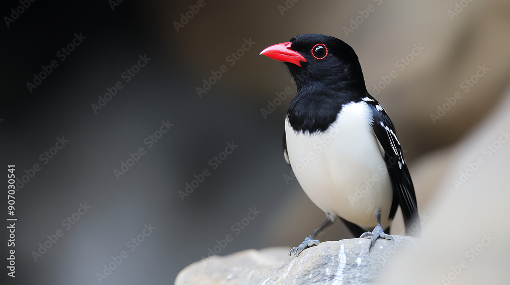 Obraz premium Black and white magpie with red beak perched on a rock, high resolution photography in the style of professional color grading, soft shadows, no contrast, clean sharp focus digital photo