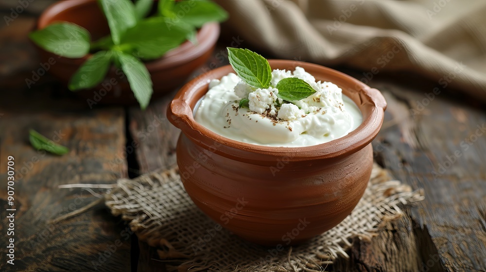 Yogurt or sour cream in clay pot Yogurt or sour cream in clay pot