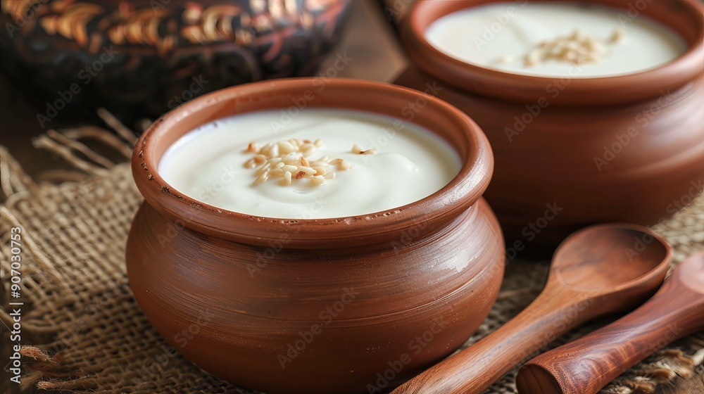 Yogurt or sour cream in clay pot Yogurt or sour cream in clay pot