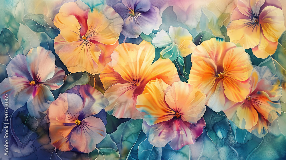 Watercolor primroses with negative painting, vibrant flowers with intricate details, soft background
