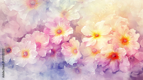 Watercolor primroses with gradients and fading, smooth transitions of spring colors, dreamy and soft, light background