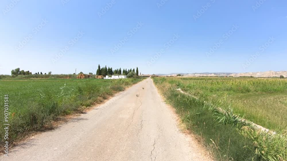 Camino del Ebro - a paved road through agricultural fields near Torres de Berrellen, province of Zaragoza, Aragon, Spain Camino del Ebro - a paved road through agricultural fields near Torres de Berrellen, province of Zaragoza, Aragon, Spain