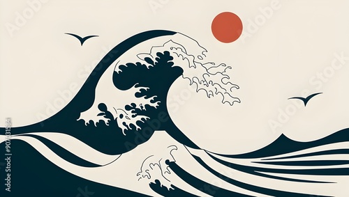Japanese style ocean wave illustration, vintage ukiyo-e sea landscape with red sun, minimalist nautical wall art with crashing waves and birds