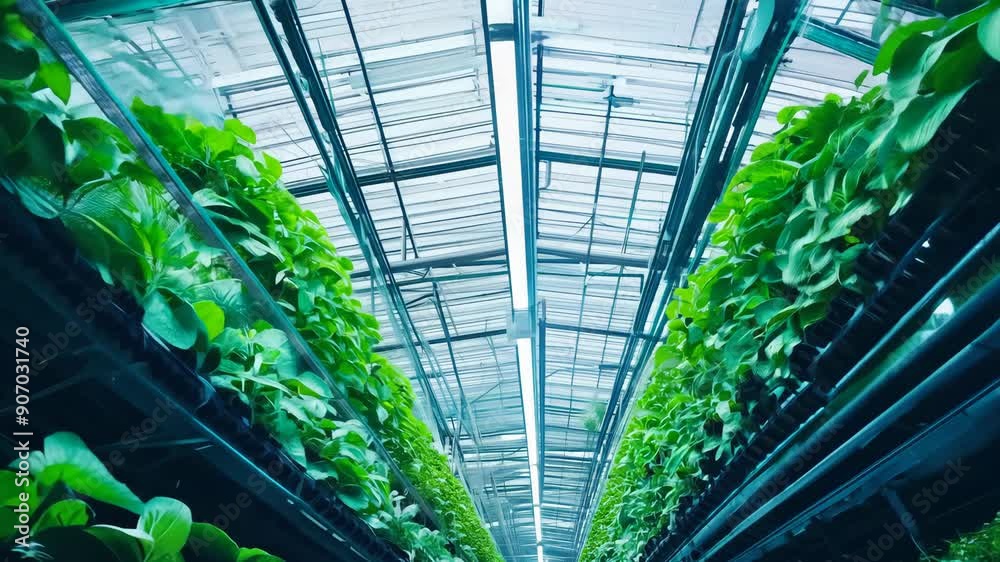 Vertical Farming Greenhouse with Lush Plant Rows Under Glass Roof Vertical Farming Greenhouse with Lush Plant Rows Under Glass Roof