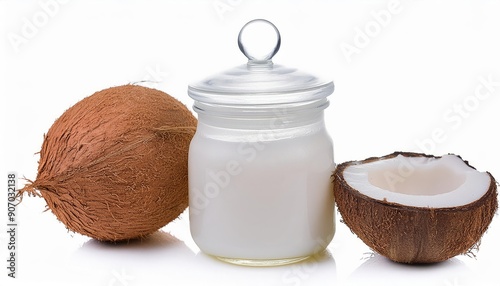 Coconut oil in a glass jar with coconut balls beside it, isolated on clean background. Showcasing the natural beauty and health benefits of this versatile ingredient