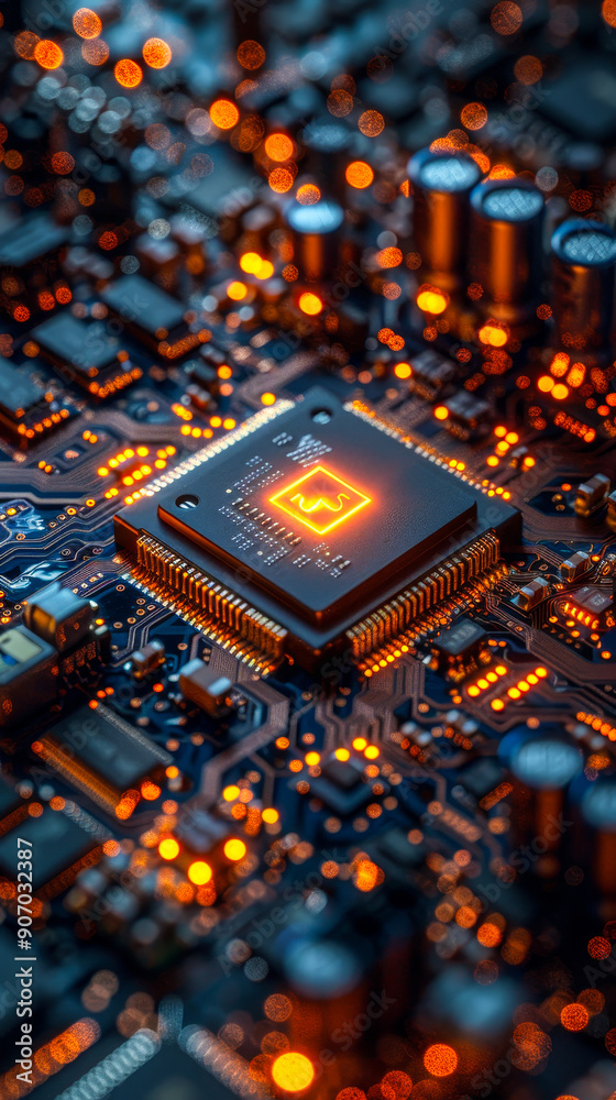 Futuristic Microchip with Info Symbol on High-Tech Circuit Board, Illuminated Data Flow from CPU, Information Technology Concept, 3D Render of Advanced Motherboard, Technology Innovation