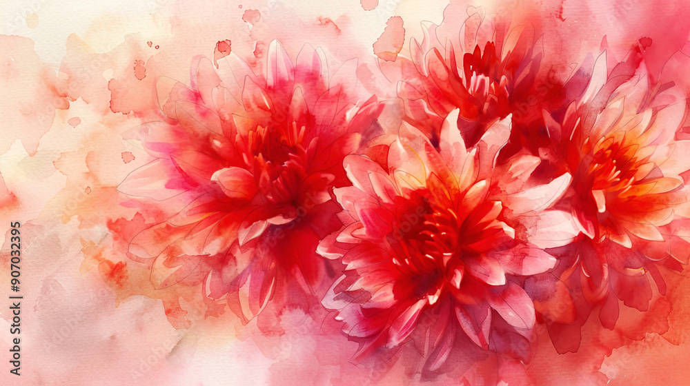 Watercolor Red chrysanthemums in layered washes, deep and vibrant colors, smooth transitions, light background Watercolor Red chrysanthemums in layered washes, deep and vibrant colors, smooth transitions, light background