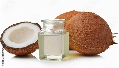 Coconut oil in a glass jar with coconut balls beside it, isolated on clean background. Showcasing the natural beauty and health benefits of this versatile ingredient