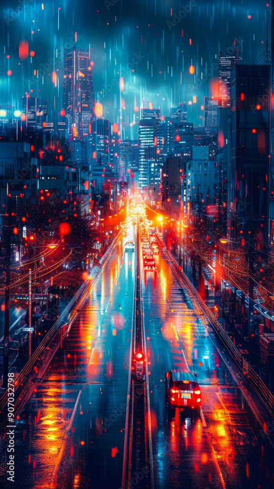 Naklejka premium Futuristic Metropolis Night Scene with Neon Lights and Rainfall in a Smart City Concept Reflecting Technology and Innovation