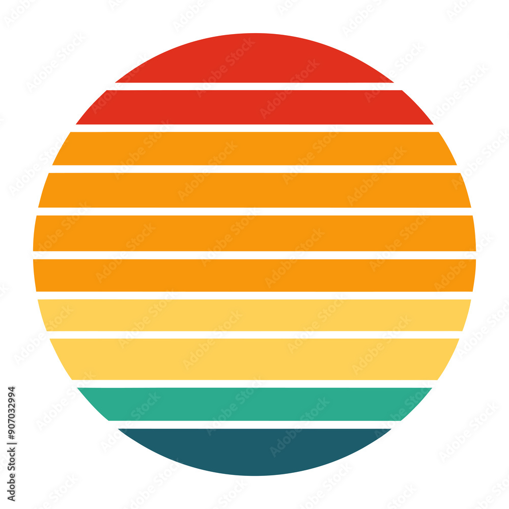A circular design with horizontal stripes of orange, yellow, and teal retro color palette reminiscent of a sunset. A circular design with horizontal stripes of orange, yellow, and teal retro color palette reminiscent of a sunset.