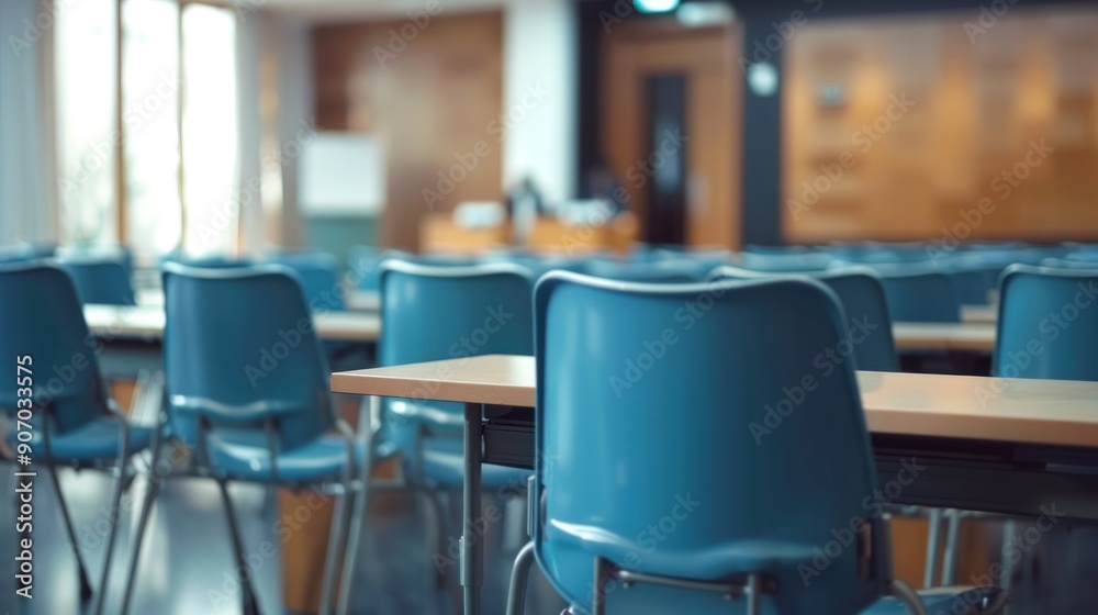 Empty Classroom with Blue Chairs and Wooden Tables Empty Classroom with Blue Chairs and Wooden Tables