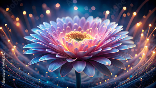 Ethereal flower with a glowing heart, surrounded by shimmering particles in a dark, mystical space.