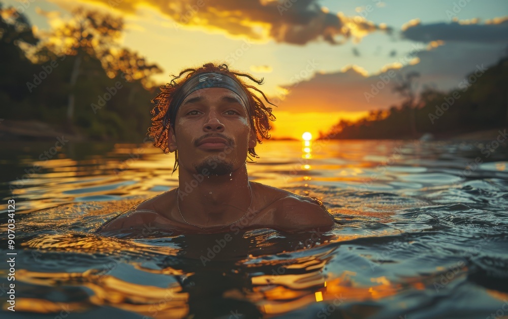 An adult Hispanic person swims in calm waters, with a beautiful sunset illuminating the sky and water around them, creating a serene atmosphere An adult Hispanic person swims in calm waters, with a beautiful sunset illuminating the sky and water around them, creating a serene atmosphere