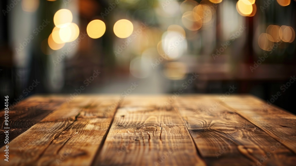 Wooden Table with Bokeh Lights in the Background Wooden Table with Bokeh Lights in the Background