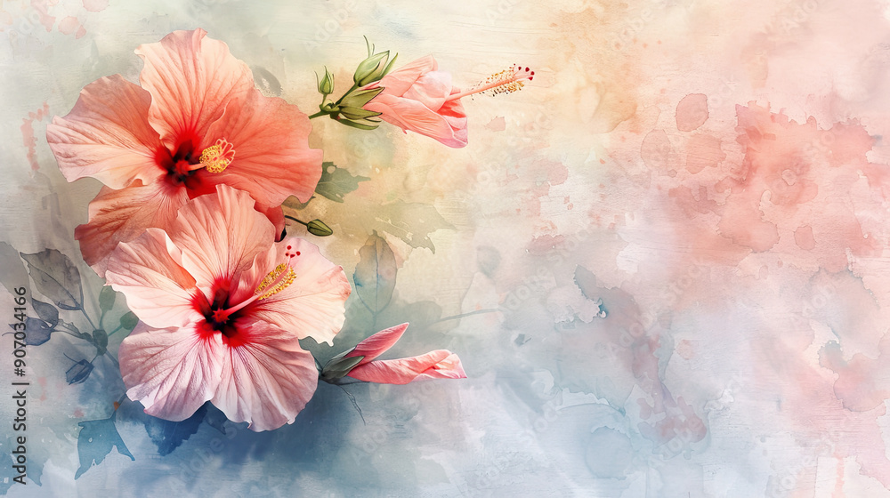 Watercolor tropical hibiscus with gradient washes, dreamy transitions, soft background Watercolor tropical hibiscus with gradient washes, dreamy transitions, soft background