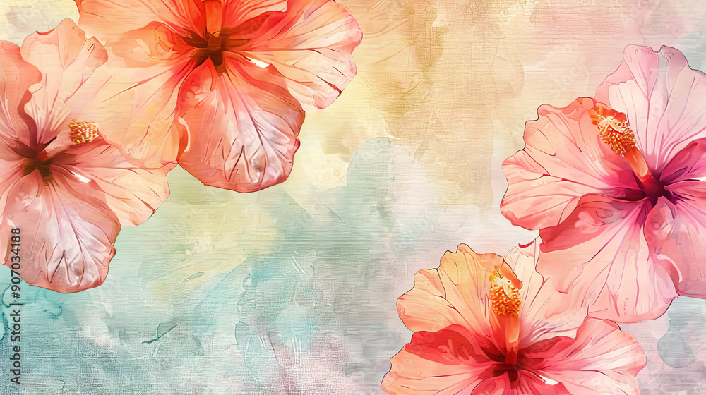 custom made wallpaper toronto digitalWatercolor tropical hibiscus with gradient washes, seamless and soft transitions, soft background