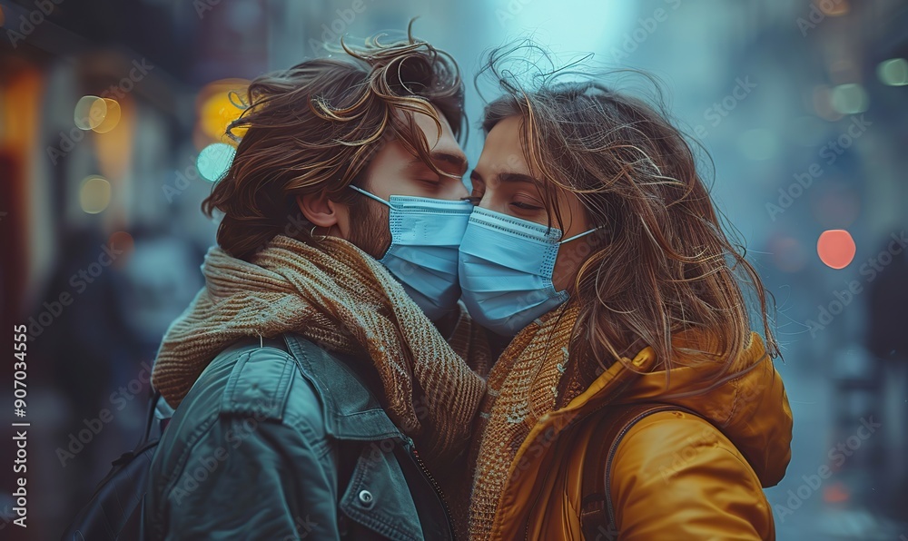 Fototapeta premium A couple of lovers wearing protective face masks share a kiss in the city as a measure against COVID-19.