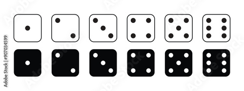 Game dice Icon with side of cube from one to six number. Set of black icon sided for gamble. Dot on cube of casino