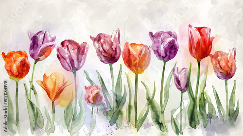 Watercolor tulips in dry brush style, bold strokes with vivid spring colors, lively composition, clean background