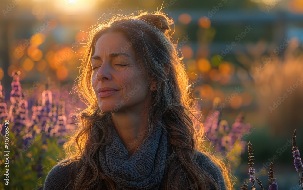 An adult Hispanic person is practicing mindfulness meditation among vibrant flowers as the sun sets, creating a serene and peaceful atmosphere An adult Hispanic person is practicing mindfulness meditation among vibrant flowers as the sun sets, creating a serene and peaceful atmosphere