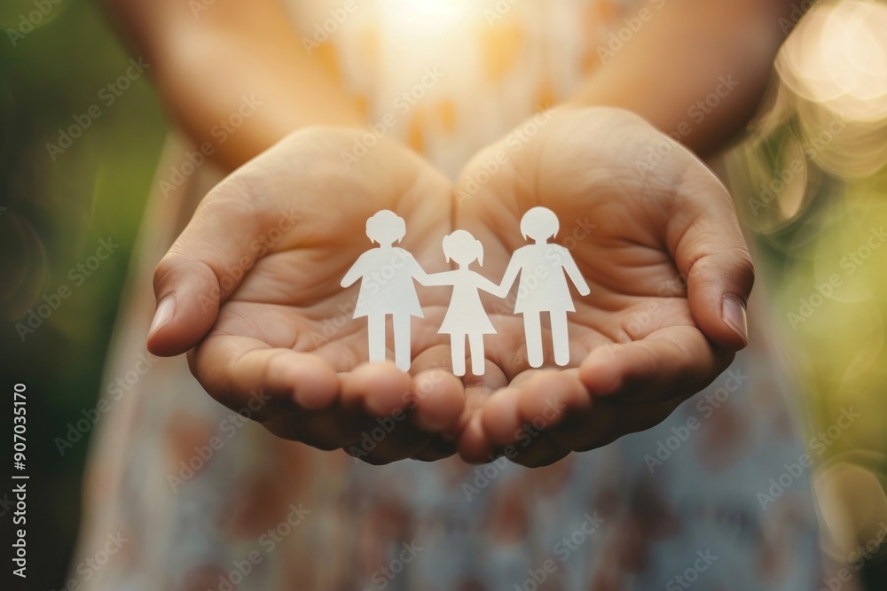 Hands Cradling Paper Family Cutouts - Concept of Care, Unity, and Togetherness with Soft Focus Background Hands Cradling Paper Family Cutouts - Concept of Care, Unity, and Togetherness with Soft Focus Background