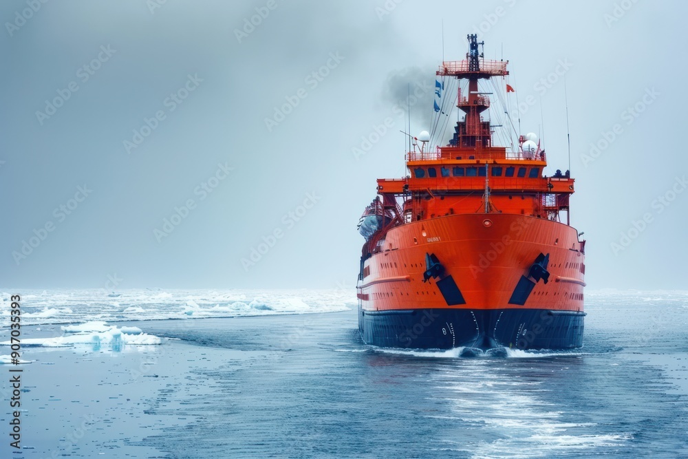 Fototapeta premium huge icebreaker ship moves along sea surface with screech