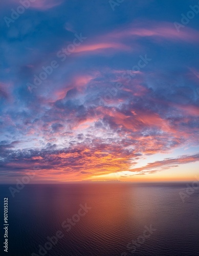 Ideal for Sky replacement project: Panoramic, colorful pink-orange-blue dramatic sky with clouds illuminated by red sunset, aerial photography, far horizon without obstacles.