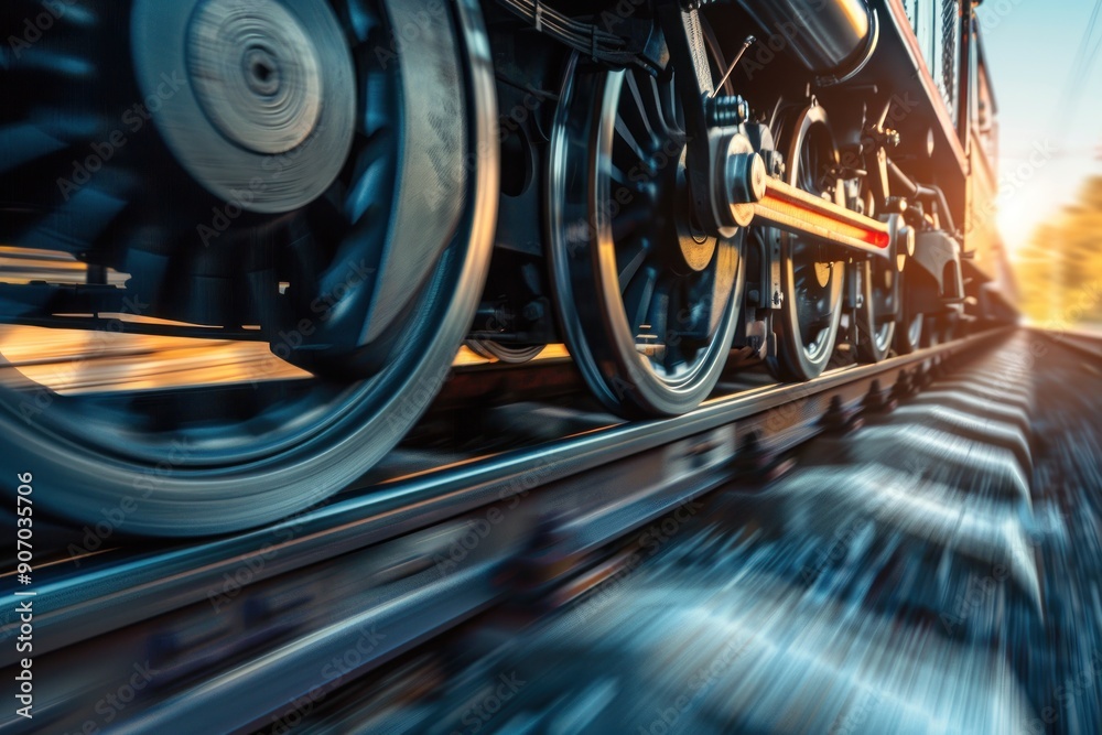 Fototapeta premium Industrial rail train wheels closeup motion technology perspective conceptual background