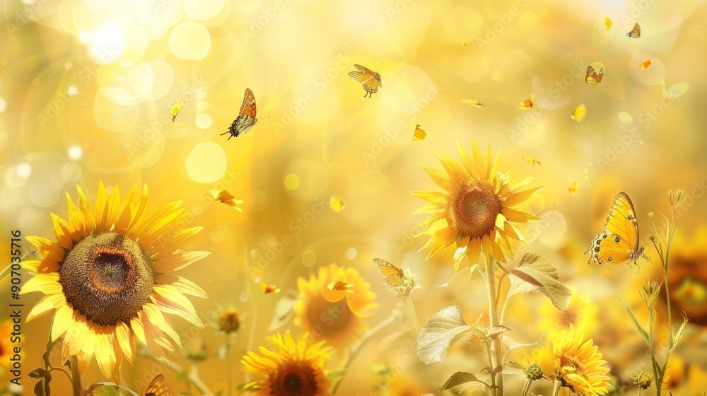Fototapeta premium Sunflowers and Butterflies in a Field of Golden Light