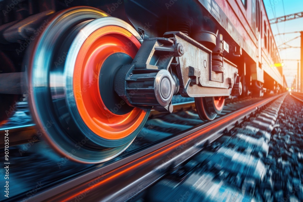 Fototapeta premium Industrial rail train wheels closeup motion technology perspective conceptual background