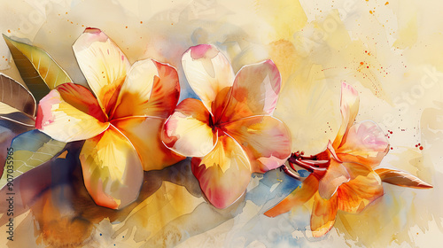 Watercolor tropical plumeria in wet-on-wet style, vibrant blending, light beige Background