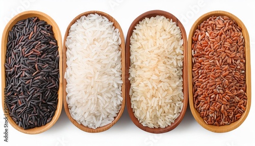 Various types of rice grains isolated on white background for mockup. Carbohydrate, starch, carbs, healthy, organic photo