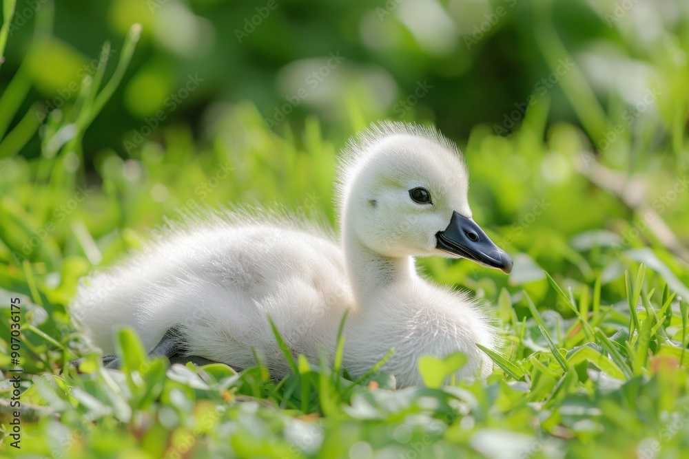 little white Swan chick lying on the grass little white Swan chick lying on the grass