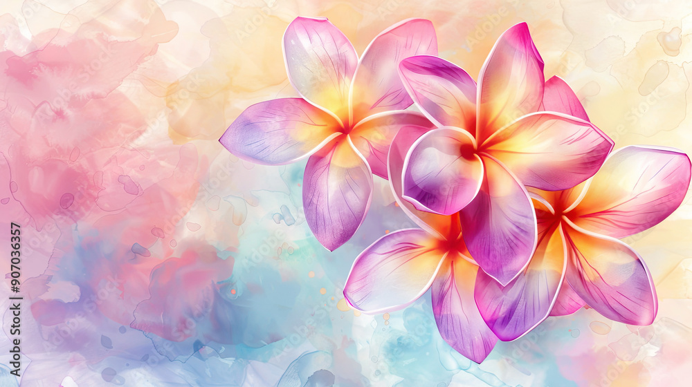 Watercolor tropical plumeria with gradient washes, seamless and soft transitions, soft background Watercolor tropical plumeria with gradient washes, seamless and soft transitions, soft background