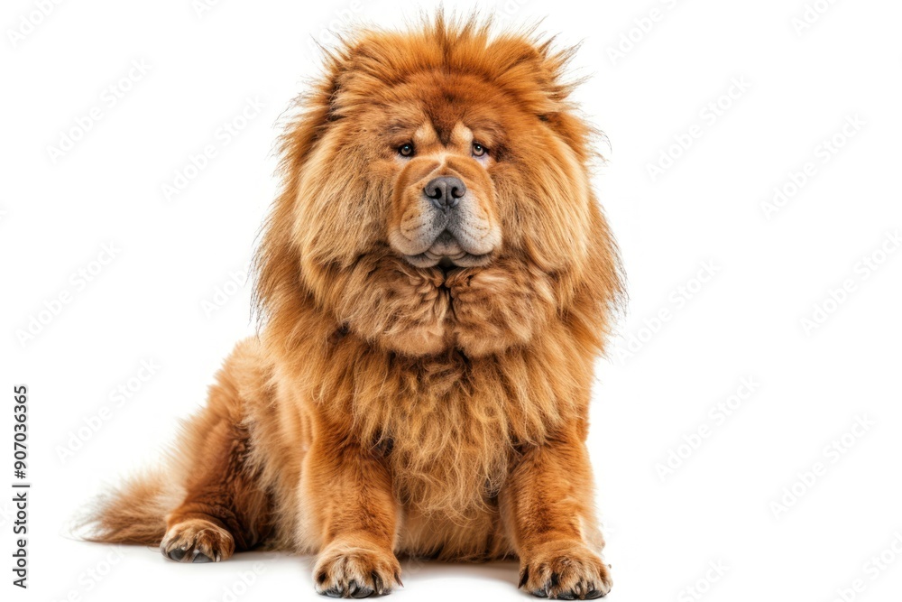 Majestic Fluffy Chow Chow Dog with Lion-Like Mane Sitting on White Background Majestic Fluffy Chow Chow Dog with Lion-Like Mane Sitting on White Background
