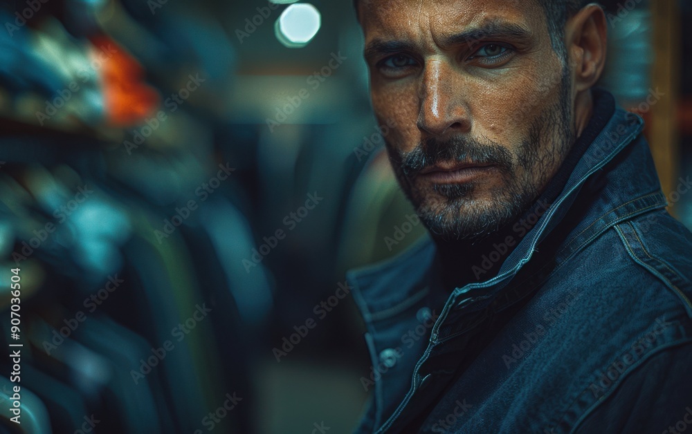 An adult Mediterranean man models sustainable fashion in a bustling urban clothing store during the evening, highlighting style and eco-conscious choices An adult Mediterranean man models sustainable fashion in a bustling urban clothing store during the evening, highlighting style and eco-conscious choices