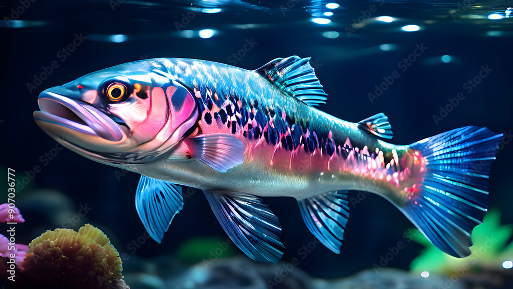 Fototapeta premium A vibrant, adult trout with a brownish-red back, yellow belly, and distinctive black spots, swimming in a crystal-clear mountain stream with subtle water ripples, surrounding rocks. 