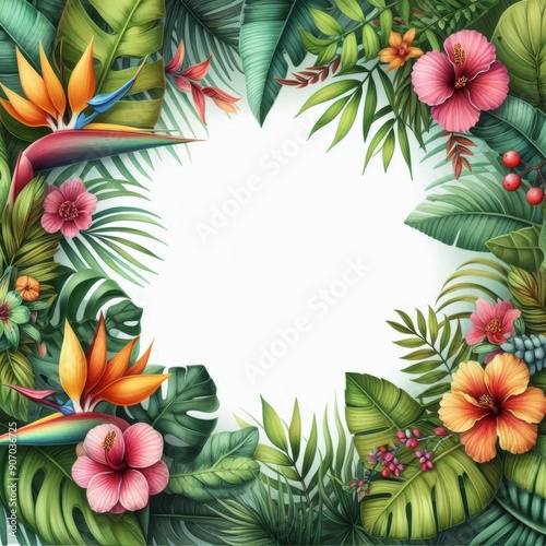 A vibrant tropical floral frame featuring diverse leaves and exotic blooms.