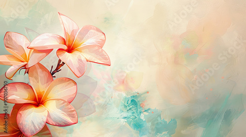 Watercolor tropical plumeria with negative space, vibrant flowers against a soft background, light beige Background