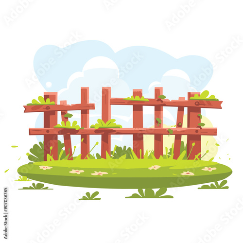 Wooden garden fence surrounded lush greenery under clear sky. Vibrant cartoon style illustration garden scene wooden fence, grass, flowers. Bright colorful depiction sunny day peaceful setting